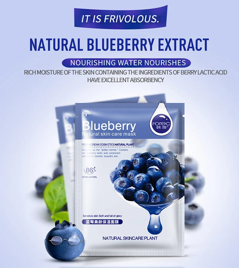 Skin Care Natural Fruit Plant Facial Mask Moisturizing Oil-Control Blueberry Cucumber Pomegranate Fruit Aloe Sheet Face Mask
