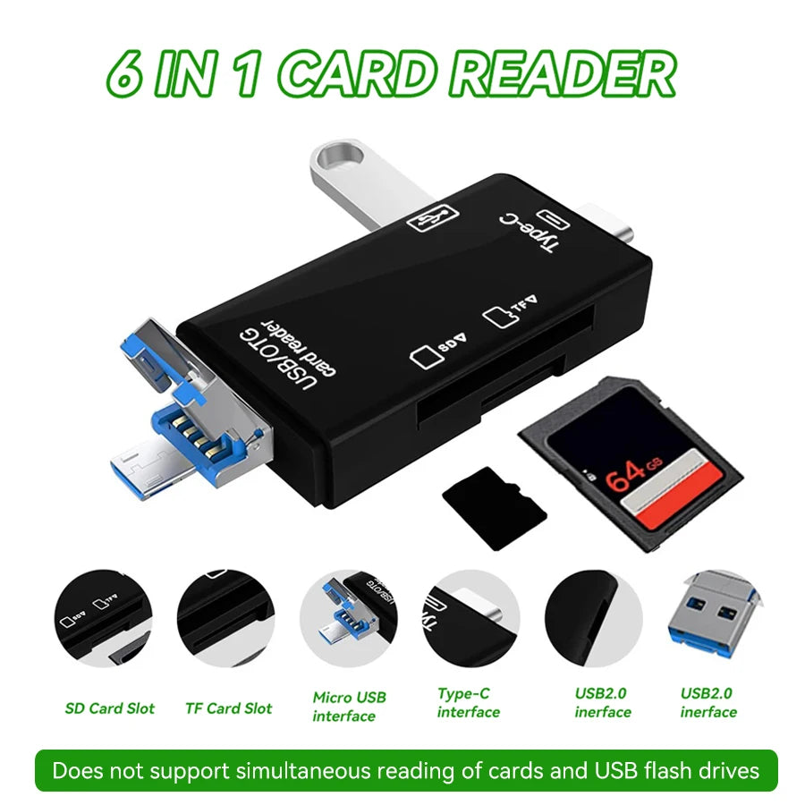 OTG Type C SD TF Card Reader 6 in 1 USB 3.0 Micro USB Flash Drive Adapter 5Gbps High Speed Transfer Multifunctional Card Reader