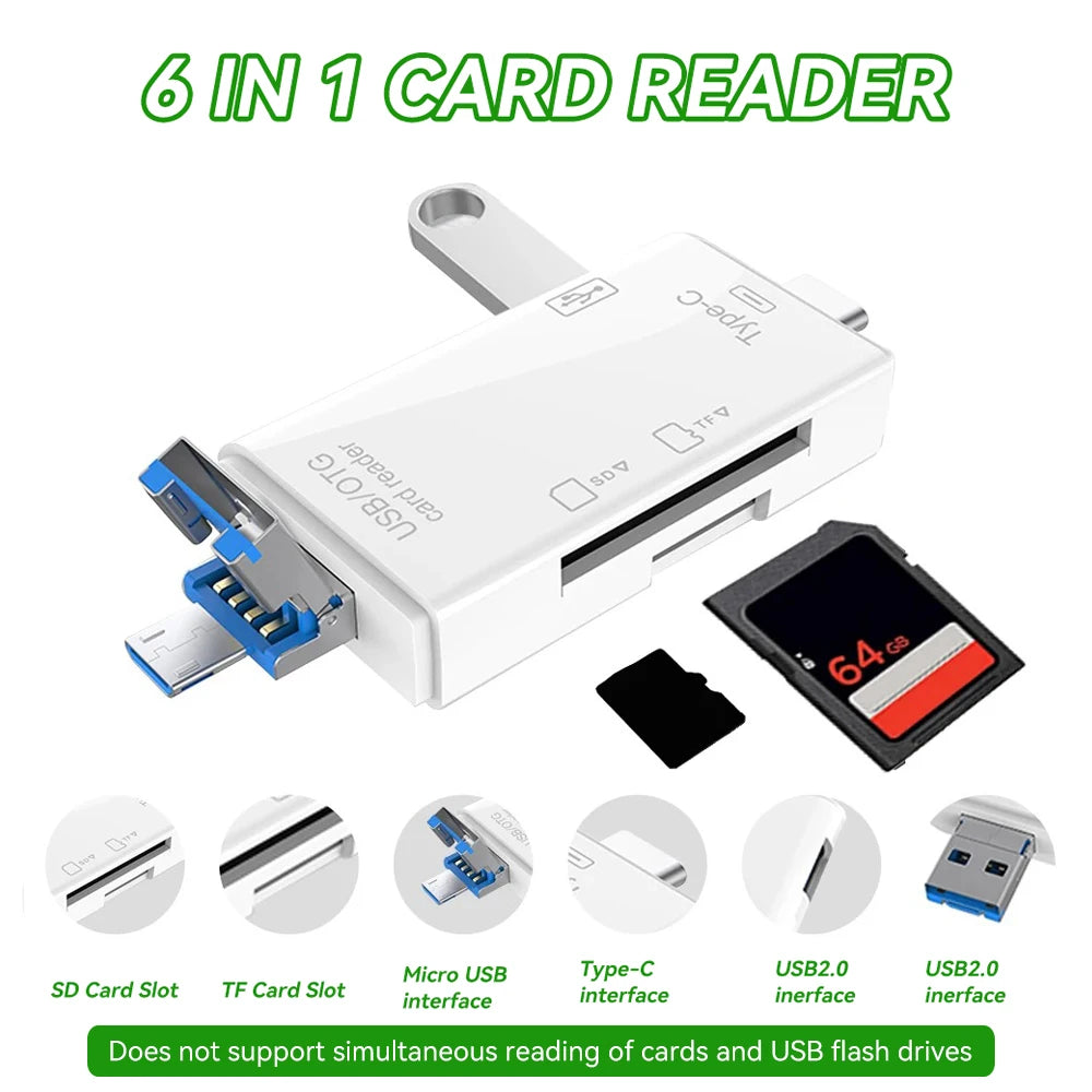 OTG Type C SD TF Card Reader 6 in 1 USB 3.0 Micro USB Flash Drive Adapter 5Gbps High Speed Transfer Multifunctional Card Reader