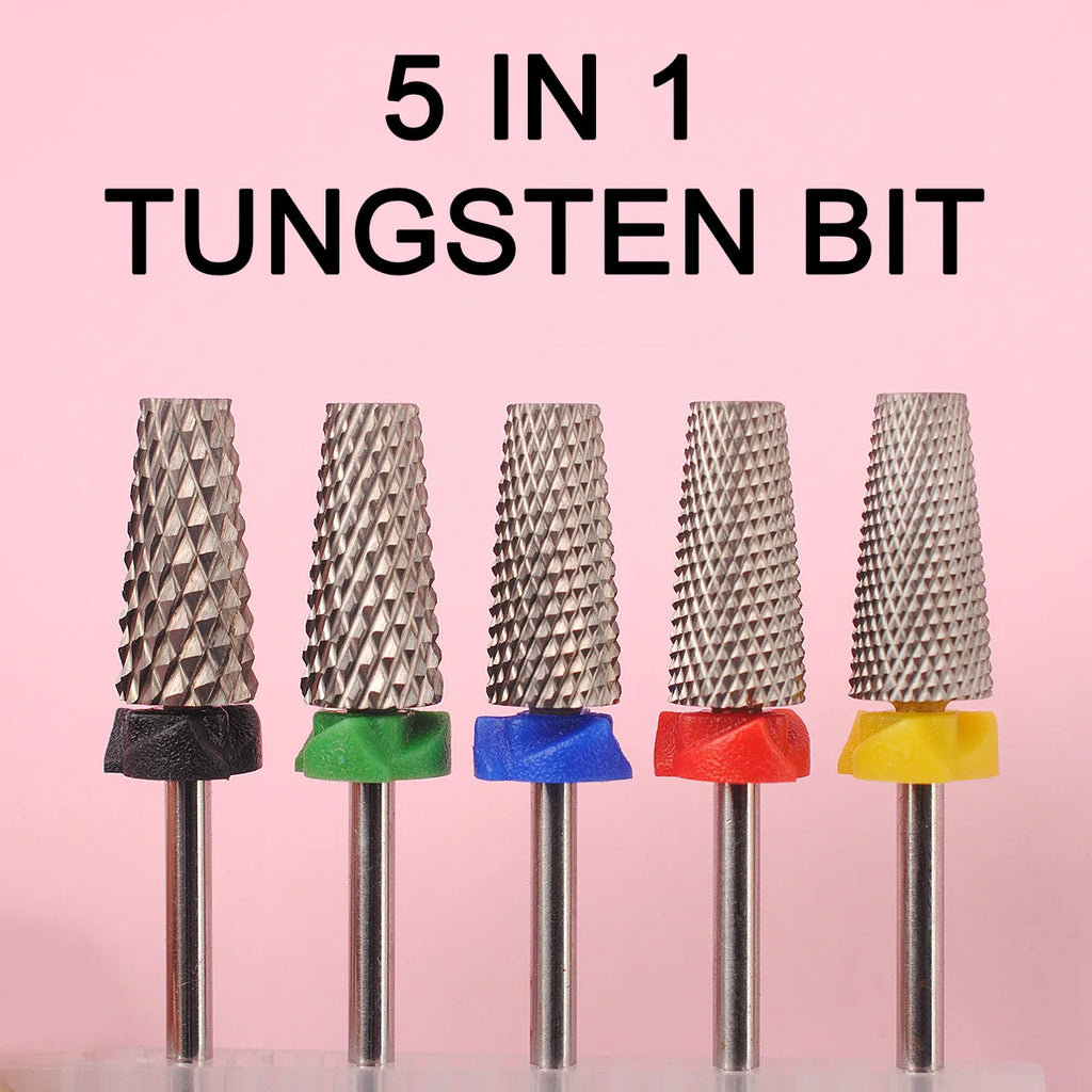 5 in 1 Nail Drill Bits Tungsten Steel Cross Teeth Manicure File Nail Cutter Acrylic or Hard Gel Nail Polish Remove Drill Bit